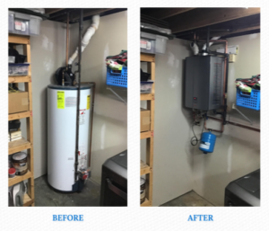 before and after image of a tank vs. tankless water hater system to show the space savings in a basement