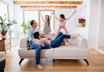 Family relaxing in the living room of their Erlanger, KY, home.