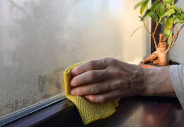 A woman wiping condensation off a window in a Erlanger, KY home.