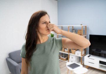 A woman holding her nose due to a strange smell in the house.