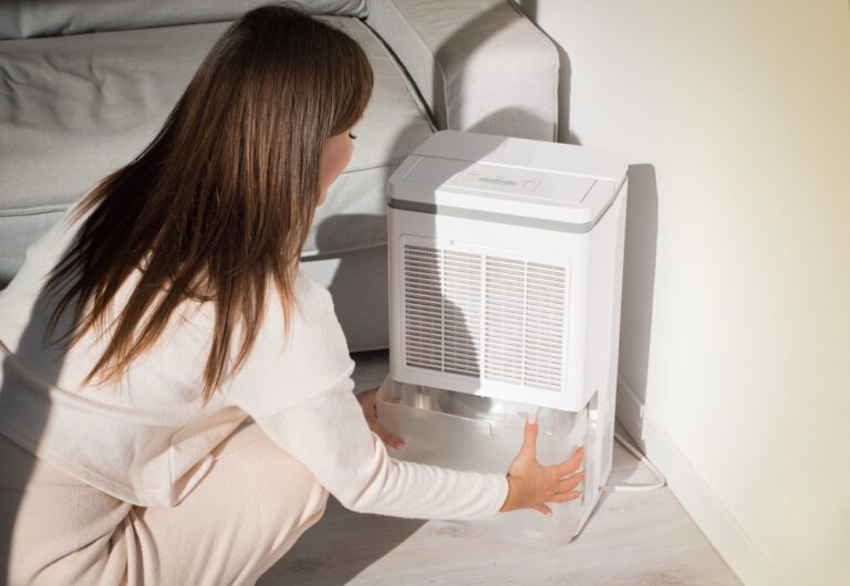 Woman checking water collected in dehumidifier.