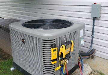 Air conditioning unit outside of Erlanger home in the process of being serviced, with tools surrounding it.