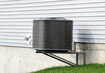 An AC unit on a raised platform outside of a house.