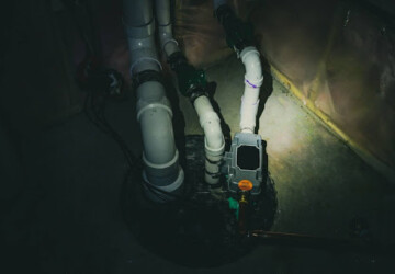 A sump pump with a light shining on it.