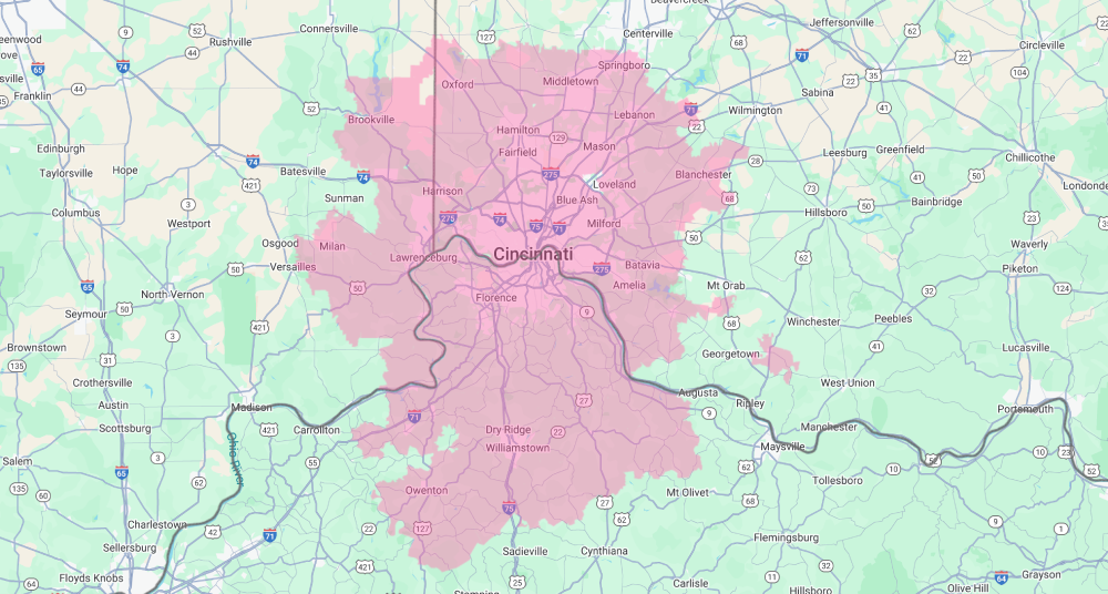 Map of Arlinghaus Air service area around Cincinnati.